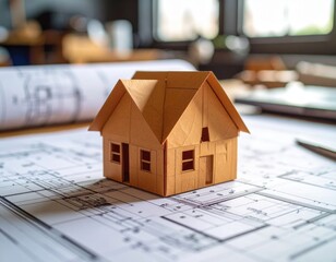 Small Cardboard House Model On Architectural Drawings