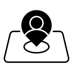 Placement solid glyph style icon for GPS navigation and mapping applications. A modern pictogram representing a person's position or destination