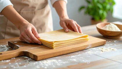 Obraz premium Woman Preparing Layered Pasta Dough On Wooden Board