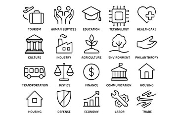 Society & Industry Sector Line Icons: Economy, Education & Public Services Vector Set