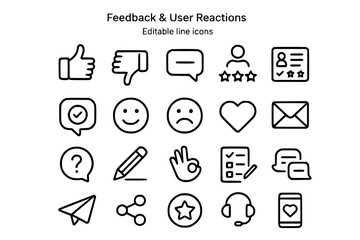 Feedback & User Reaction Line Icons: Review, Rating & Customer Service Vector Set
