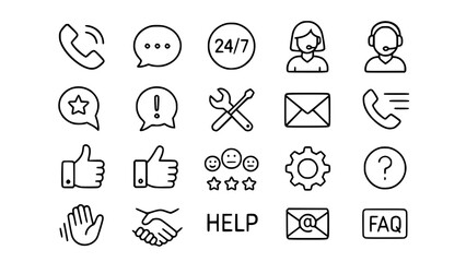 Customer Support & Service Line Icons: Help, Assistance & Contact Vector Set