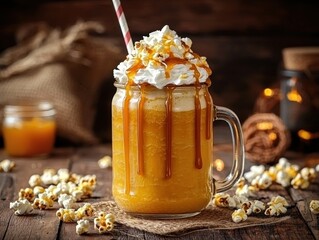 Caramel apple smoothie in a mason jar, topped with whipped cream and caramel drizzle, sits on a rustic wooden table