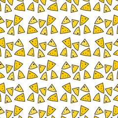 Seamless pattern with cartoon nacho chips a lot on white background. Mexican food. Vector illustration