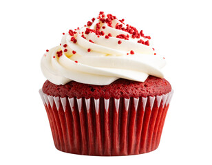 Red velvet cupcake with creamy white frosting and red sprinkles, isolated on transparent background PNG