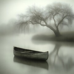 Tranquil Lakeside scene with a canoe under a weeping willow in the fog