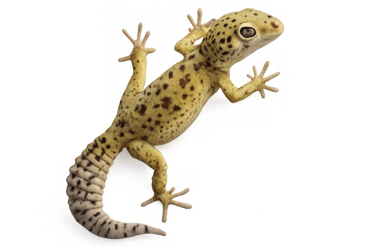 Leopard gecko climbing on a transparent background, showcasing its unique spotted pattern and agile movements