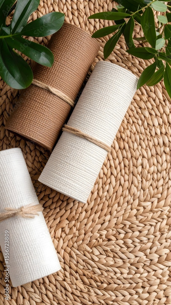 Poster two rolls of toilet paper neatly bound with natural twine on a woven background in soft light