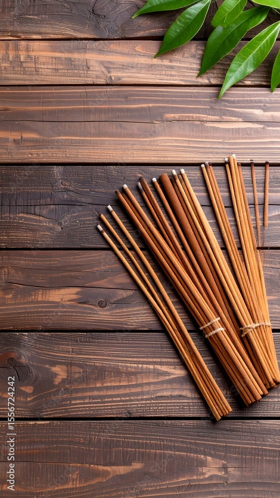 Poster rustic display of a bunch of cinnamon sticks on a warm wooden background for culinary use
