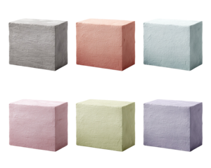 Six textured cubes in various hues