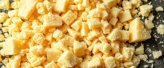 Hard, granular parmesan cheese pieces and block, crumbly, granular