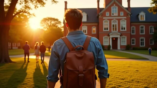 Male student walking toward college building during warm sunset
