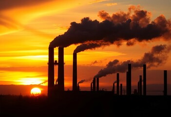 Silhouetted factory chimneys belching dark smoke against a fiery sunset,  atmospheric pollution, industrial