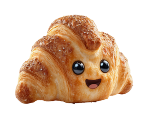 Smiling croissant pastry with eyes and mouth