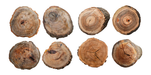 Various Wood Log Cross Sections on White Background, PNG set collection, isolated on transparent background