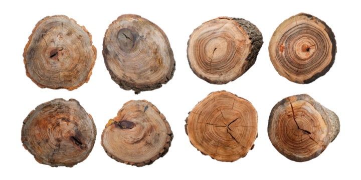 Various Wood Log Cross Sections on White Background, PNG set collection, isolated on transparent background