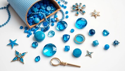Naklejka premium Varied blue trinkets, arranged aesthetically on pristine white backdrop, white background, home decor