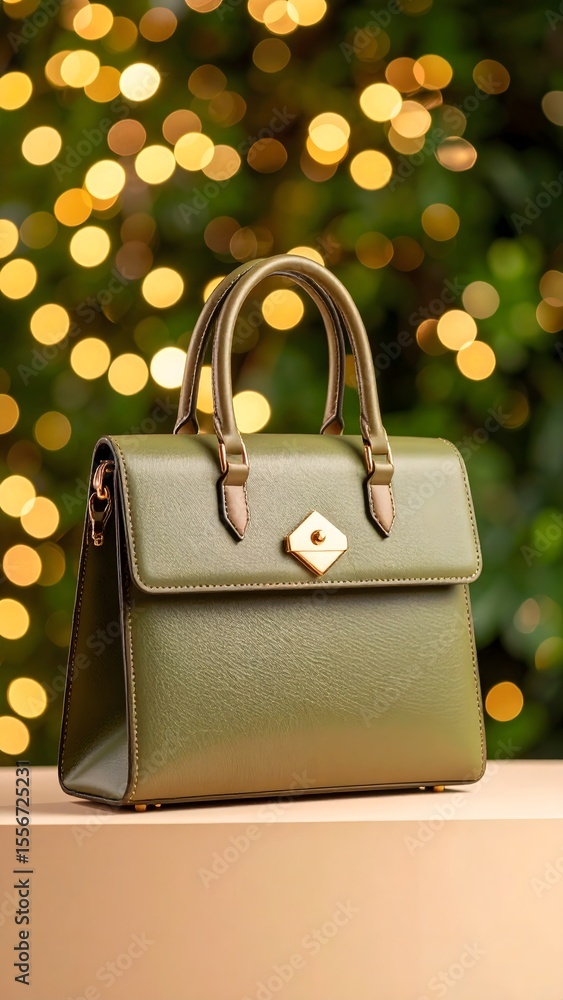 Poster elegant green handbag on a table with light bokeh in a layered composition and polished design
