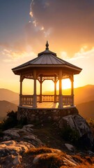 Majestic gazebo framed by mountain landscape captured from worm's-eye view perspective