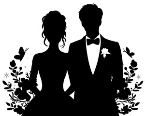 silhouette of bride and groom, silhouette of married couple, icon isolated on white background
