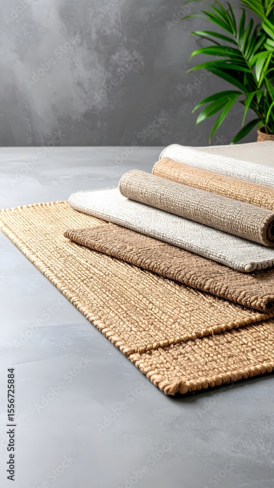 Poster neatly stacked natural ju ju fabric in a refined permaculture design setting on gray canvas