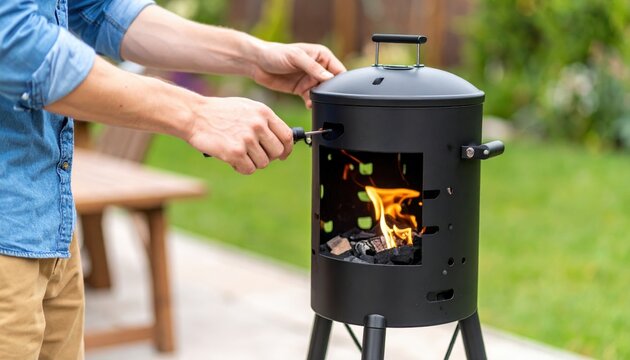 Man Preparing Outdoor Charcoal Grill - Powered by Adobe