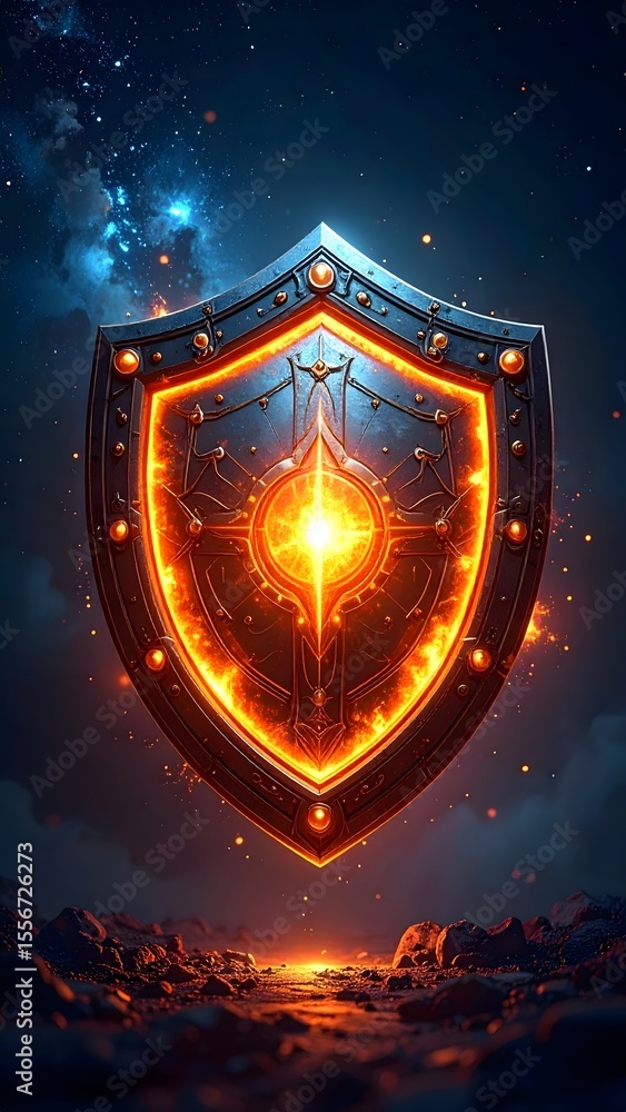 Poster dynamic shield with flames erupting from it in futuristic sci-fi style and textures