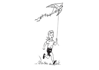 Young boy running with kite illustration on white background