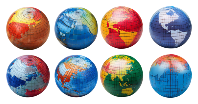 Colorful World Globes Showing Different Continents and Oceans, isolated on transparent background - Powered by Adobe