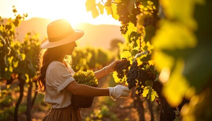 Woman harvesting grapes at sunset