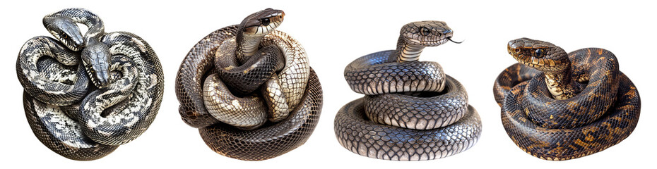 Fototapeta premium Four Distinct Snake Species in Natural Poses on Isolated Background