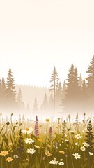 A serene field filled with vibrant wildflowers in various colors, surrounded by lush green trees, all enveloped in a soft, mystical fog.