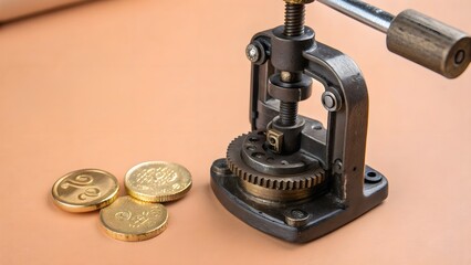 Coin press in action minting gold coin with stock overlays set on peach&mdash;industrial meets financial precision for investment advertising.