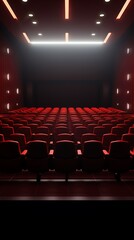 Cinema auditorium with red seats and spotlights.