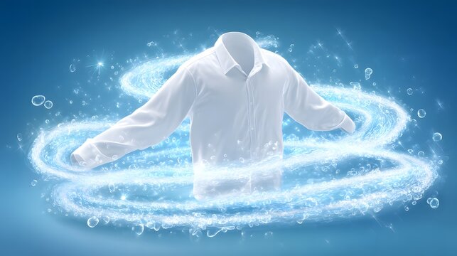 Clean white shirt floating amidst a swirling vortex of sparkling water bubbles and light