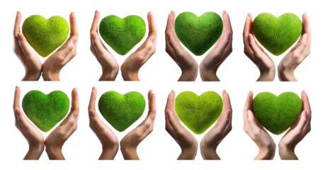 Hands Holding Green Hearts Symbolizing Nature and Eco Awareness, isolated on transparent background
