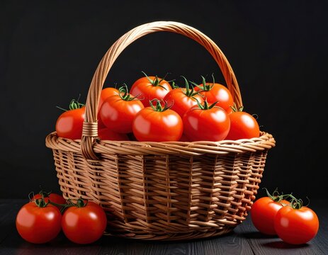 Fresh ripe tomatoes in a woven basket on a dark surface
