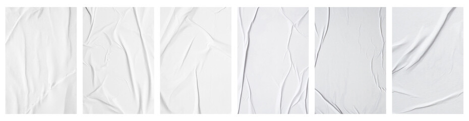 white crumpled and creased glued mockup paper poster template set isolated on black background