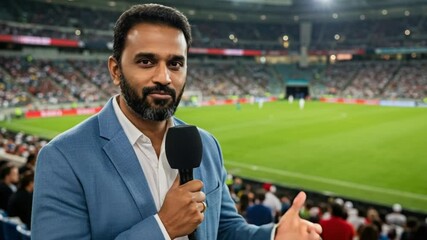A male sports reporter holds a microphone in a stadium, with a blurred-out soccer game in the background - Powered by Adobe