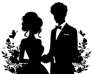 silhouette of bride and groom, silhouette of married couple, icon isolated on white background
