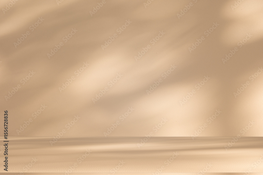 Aufkleber Wall interior background, studio and backdrops show products. with leaf shadow from window color beige and white. background for text insertion and presentation of product	