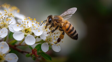 Honeybee Gathering Pollen from White Flower