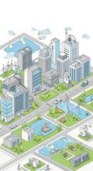 Fototapeta premium This vector image presents a smart city with modern buildings, wind turbines, and green spaces.