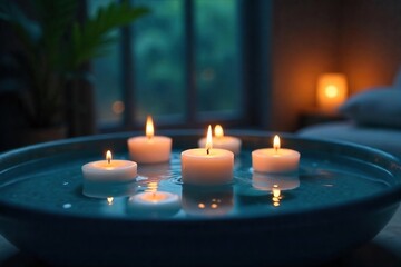 Tranquil Floating Candles Serene Spa Atmosphere, Soft Blue Water, Romantic Lighting, Relaxation, Meditation, Wellness