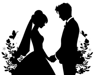 silhouette of bride and groom, silhouette of married couple, icon isolated on white background
