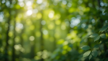 Obraz premium Blurry natural bokeh background of green forest with sunlight filtering through leaves