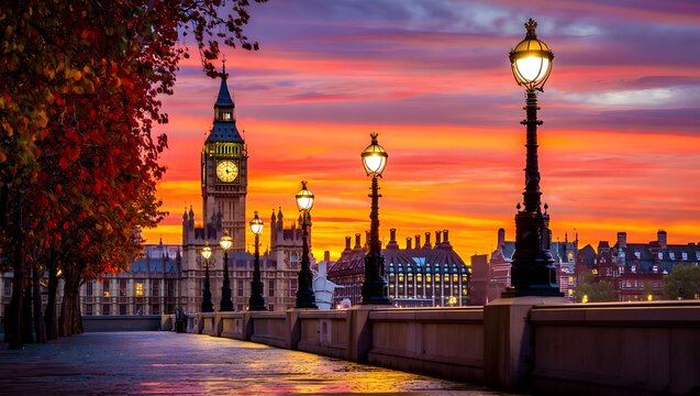 Big ben and westminster at sunset with vibrant colorful sky and street lamps