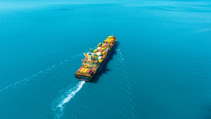 Aerial view of the freight shipping transport system cargo ship container. international...