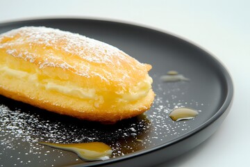 Minimalist image of a single éclair positioned diagonally on a matte black plate with a golden drizzle