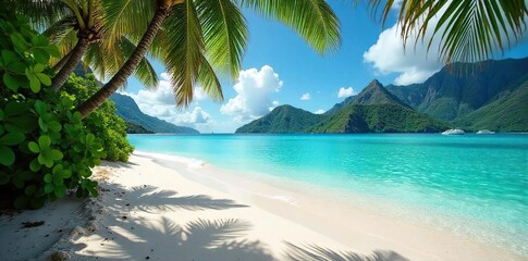 Serene Tahiti Beach Turquoise Waters Lap Gently on White Sand, Lush Tropical Foliage Providing Shade, Perfect for Travel and Vacation Imagery